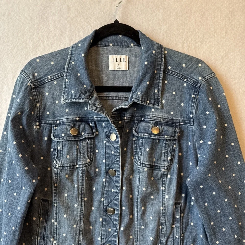Elle Polka Dot Distressed Blue‎ Denim Trucker Jacket L Retro Chic Indie Sleaze